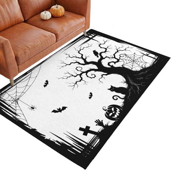 Halloween 3'x5' Entryway Rugs for Bedroom Foot of Bedside Small Living Room, Fall Sitting Black Cat Goth Tree Silhouette Spiderwebs Washable Mats Non Slip Rectangle Area Rug