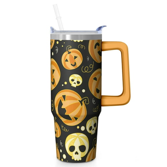Halloween 30oz Insulated Coffee Mug with Handle and Straw Lid – Spooky Pumpkin Tumbler – Gift Travel Cup