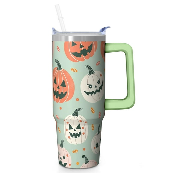 Halloween 30oz Insulated Tumbler with Handle and Straw Lid – Leak Proof Coffee Travel Mug – Spooky Pumpkin Cup