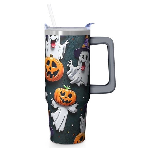 Halloween 30oz Pumpkin Coffee Tumbler with Handle and Straw Lid – Insulated Travel Mug – Spooky Gift Cup