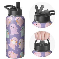 Halloween 32 OZ Water Bottle With Straws Double Walled Vacuum Insulated Sports Bottle Witch Ghost Travel Thermal Cup Leak Proof Stainless Steel Tumbler Spooky Halloween Decor Gift