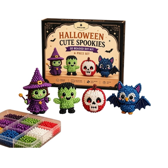 Halloween 3D Beaded Diy Kit Bead Making Kit Cute Spooky Character Set Craft Supplies for Student and Adults Handmade Holiday Decorations with Durable Round Beads 4 Piece Set for
