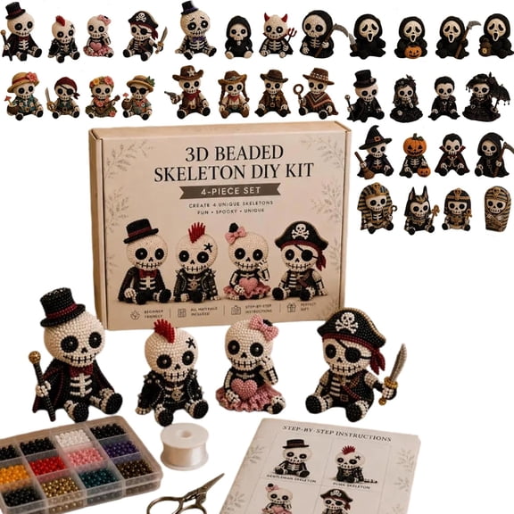 Halloween 3D Beaded Skeleton DIY Kit, Skeleton Bead Craft Set, Beginner Friendly Halloween Beading Set with Beads Wire Needle Instruction, Handmade Skeleton Figurine Making Kit for Home Decor Gift
