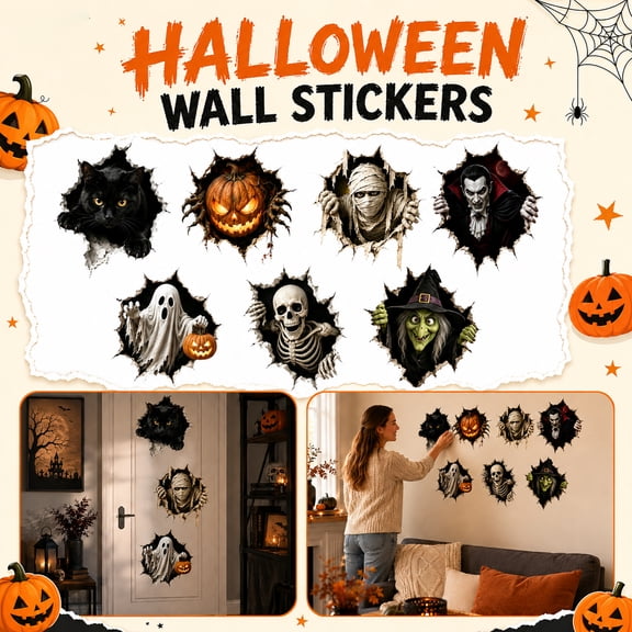 Halloween 3D Break‑Through Wall Decals, Halloween Mummy Cracked Wall Stickers, Realistic Rip Effect Self‑Adhesive Wall Art for Living Room, Bathroom, Door Halloween Party Home Decor