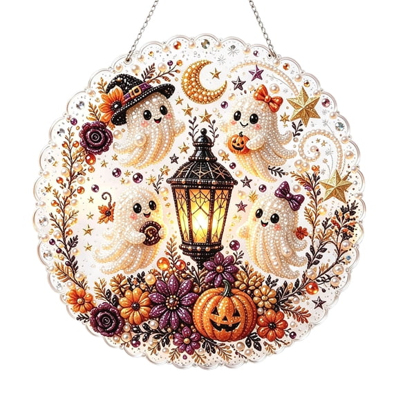 Halloween 3D Diamond Art Hanging Ornament Suncatcher Kit For Adults | Double Sided Acrylic Window Ornament, Faceted Rhinestones, DIY Tools, Halloween Suncatcher, Fall Wall Door Decor