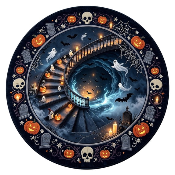 Halloween 3D Effect Optical Illusion Spooky Round Rug | Personalized Halloween Round Mat Rug, Non-Slip Backing, 3D Skeleton, Spider, Pumpkin, Ghost Indoor Carpet Decor F