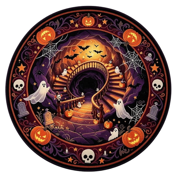 Halloween 3D Effect Optical Illusion Spooky Round Rug | Personalized Halloween Round Mat Rug, Non-Slip Backing, 3D Skeleton, Spider, Pumpkin, Ghost Indoor Carpet Decor C