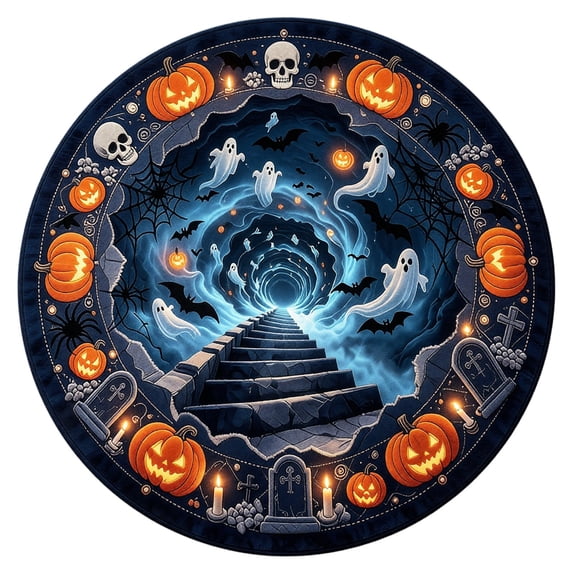 Halloween 3D Effect Optical Illusion Spooky Round Rug | Personalized Halloween Round Mat Rug, Non-Slip Backing, 3D Skeleton, Spider, Pumpkin, Ghost Indoor Carpet Decor E