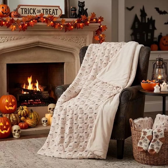 Halloween 3D Ghost Blanket Throw, Jacquard Ghost Soft Fuzzy Plush Faux Fur Cozy Blankets, Cute Spooky Holiday Plush Blankets for Halloween Home Bed Sofa Couch Chair (53"x 40")