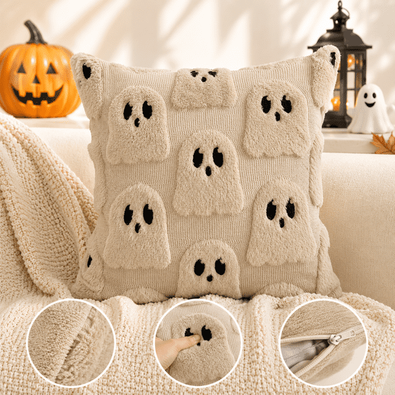Halloween 3D Ghost Throw Pillow Cover, 18x18 Cute Tufted Knit Decorative Cushion Case for Sofa Couch, Spooky Autumn Fall Home Decor