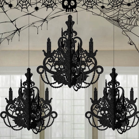 Halloween 3D Glitter Chandelier Hanging Decor, Black Cutout Skull Spider Web Ceiling Ornament for Party Bar Haunted House