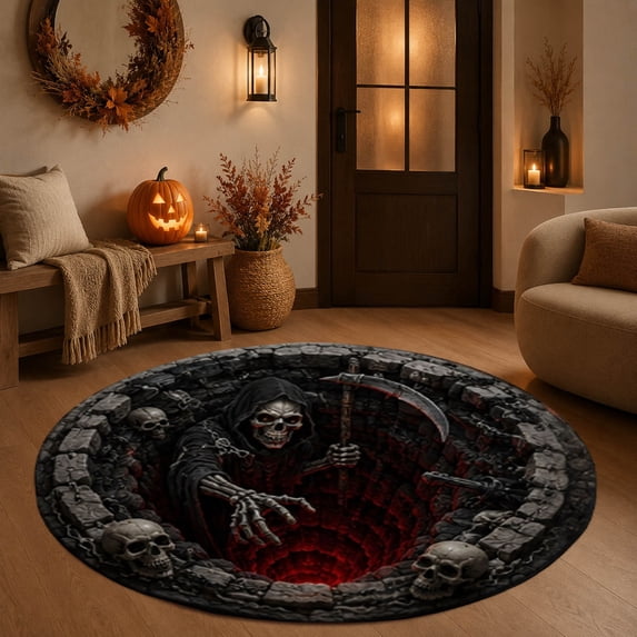 Halloween 3D Hole Round Rug Optical Illusion Doormat for Entryway Decor, 31.5in