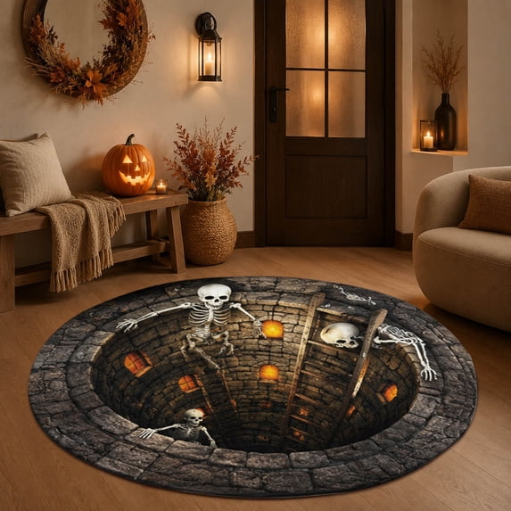 Halloween 3D Illusion Round Area Rug Soft Non Slip Floor Mat With Spooky Design For Living Room Bedroom Entryway Home Decor 15.7x15.7 Inches