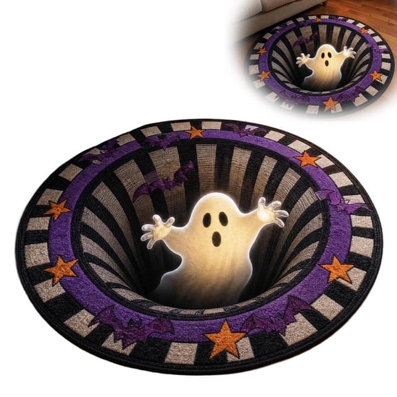 Halloween 3D Illusion Round Rug, 23.6 Inch Polyester Entryway Door Mat, Low Profile Spooky Floor Carpet for Dorm Bedroom Party Decor