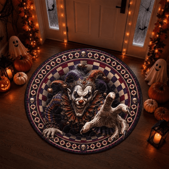 Halloween 3D Illusion Scary Jester Clown Round Rug, Creepy Harlequin Floor Mat