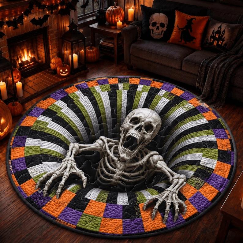 Halloween 3D Illusion Skeleton Checkered Hole Round Rug, Quilted ...