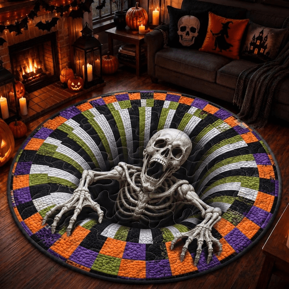 Check Floor Rug Halloween 3D Illusion Skeleton Checkered Hole Round Rug, Quilted ...