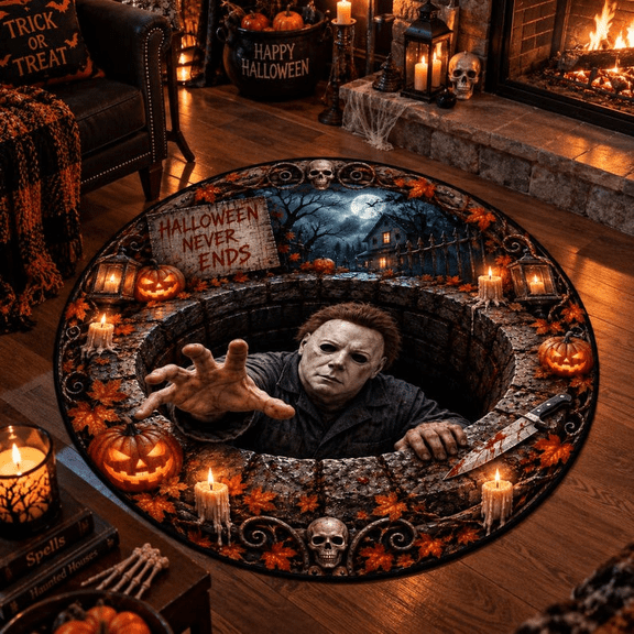 Halloween 3D Michael Myers Horror Slasher Round Rug, Spooky Stone Well Floor Mat