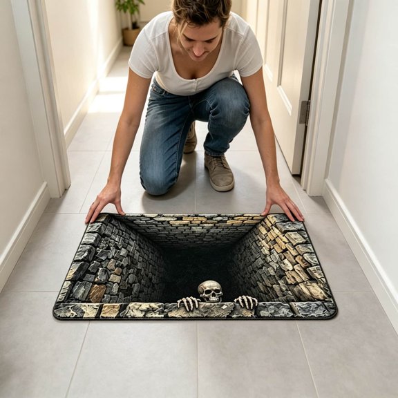 Halloween 3D Optical Doormat Velvet Floor Mat Skeleton In Stone‑Well Print Rug Non‑ Decorative Carpet For Indoor Halloween