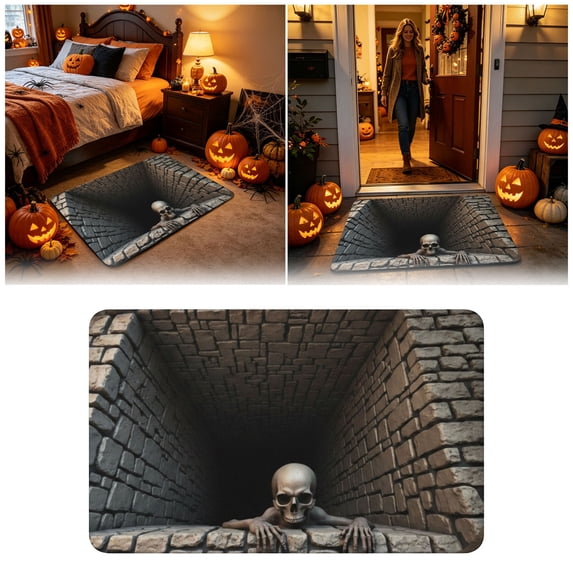 Halloween 3D Optical Illusion Brick Bottomless Area Rug - Non-Skid Quick Dry Scary Mat for Bathroom Bedroom Living Room, Soft Polyester Floor Carpet for Fall Home Decor and Party Accent