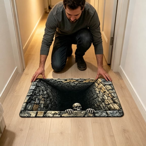 Halloween 3D Optical Illusion Doormat, Skeleton Stone Well Print Mat for Entryway, Non Carpet