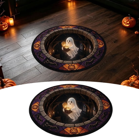 Halloween 3D Optical Illusion Round Area Rug, 24in Ghost and Spirit Stone Well Visual Floor Mat, Washable Decorative Carpet for Entryway, Bedroom, Porch & Halloween Party Decor (A)