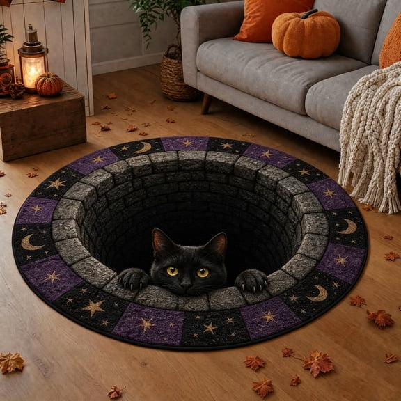 Halloween 3D Optical Illusion Round Rug, Black Cat Vortex Area Carpet