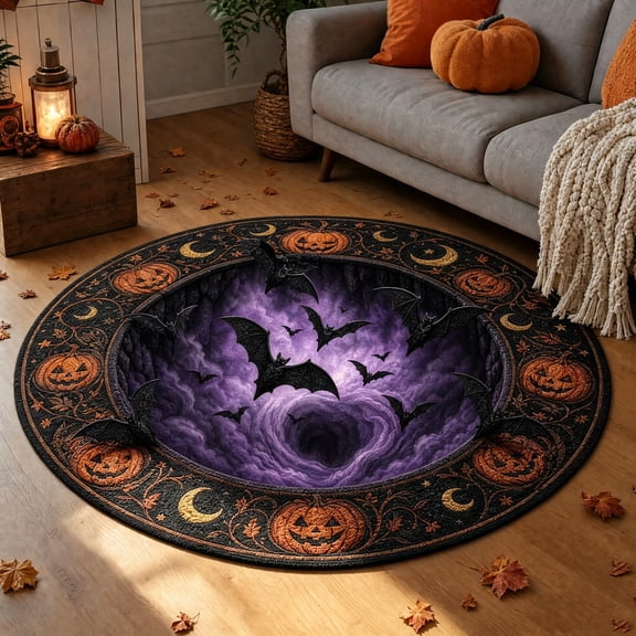 Halloween 3D Optical Illusion Round Rug, Flying Bats Vortex Floor Mat