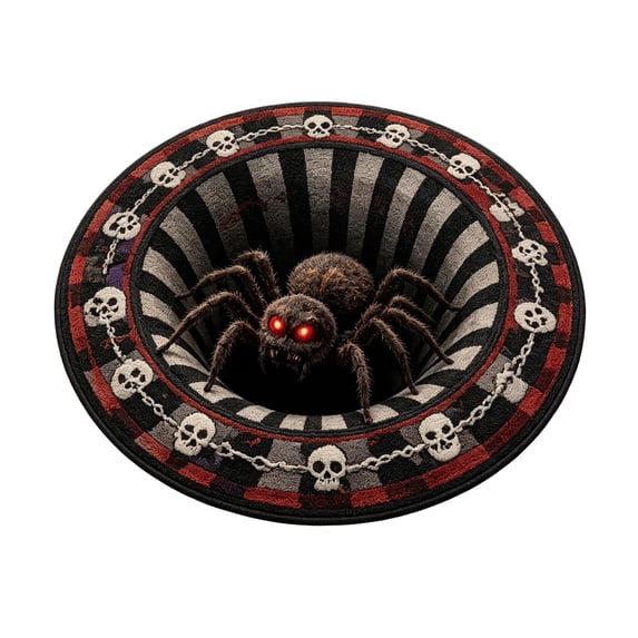 Halloween 3D Optical Illusion Round Rug, Giant Spider Vortex Circular Mat with Skull Chain Border Pattern, Non- Velvet Floor Carpet for Bedroom Living Room Halloween Home Decor