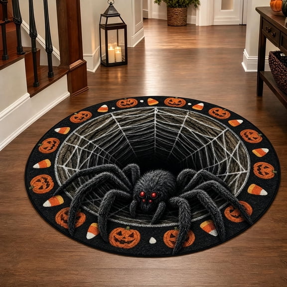 Halloween 3D Optical Illusion Round Rug, Giant Spider Web Vortex Mat