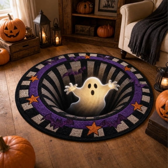 Halloween 3D Optical Illusion Round Rug, Soft Wear Resistant Floor Mat, Spooky Ghost Vortex Decor Carpet for Bedroom Living Room