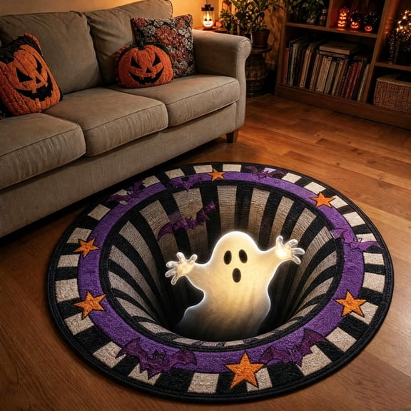 Halloween 3D Optical Illusion Round Rug, Spooky Ghost Vortex Floor Mat