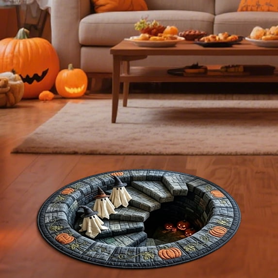 Halloween 3D Optical Illusion Round Rug, Spooky Staircase Ghost Pumpkin Circular Floor Mat, Non Slip Absorbent Decorative Doormat, for Halloween, Home, Party Decor, 23.6inch
