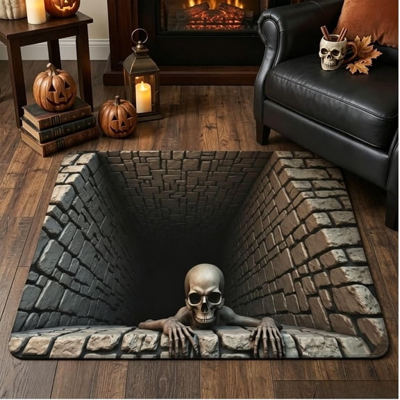 Halloween 3D Optical Illusion Rug, Brick Bottomless Area Mat, 3D Effect Black Gothic Skull Runnerrug Rug, Soft & Durable Fabric Non-Slip, for Bedrooms, Living Rooms and Creepy Party Decor