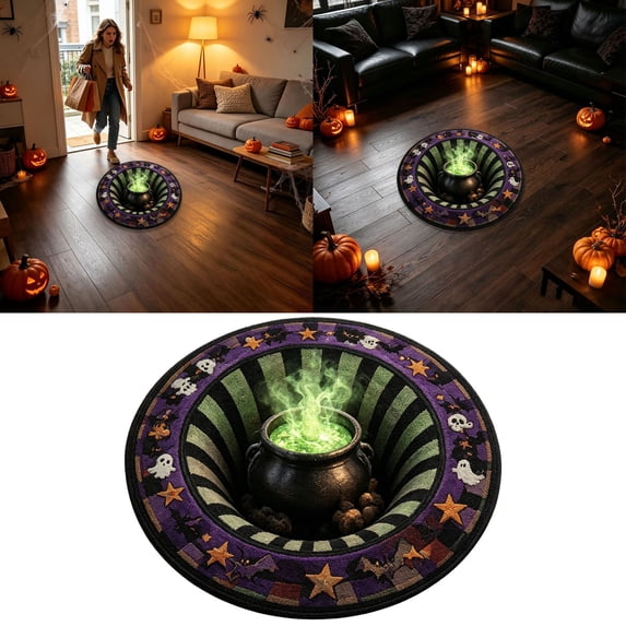 Halloween 3D Optical Illusion Rug, Round Black Cat Vortex Floor Mat with Non-Slip Backing and Soft Fabric Surface for Bedroom, Entryway, Living Room, Dorm or Party Decor