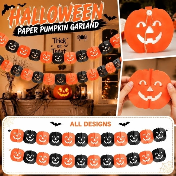 Halloween 3D Paper Garland, Pumpkin and Bat Patterned, 1 Pack Pre-Assembled, for Haunted House Bar Indoor Outdoor Halloween Party Decoration