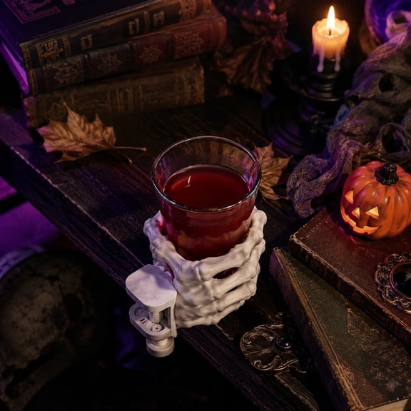 Halloween 3D Printed Skeleton Hand Cup Holder Clamp, Gothic Skull Hand Drink Holder with Adjustable Desk Mount C-Clamp, Spooky Halloween Decor Mug Rack for Bar Table Game Desk Party Ornament