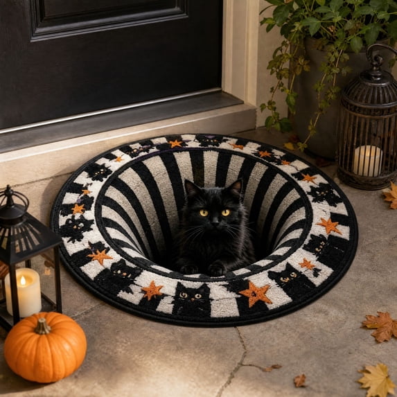 Halloween 3D Rugs Optical Illusion, All-Weather Black Cat 3D Optical Illusion Rugs, Front Door Mat for Indoor, Outdoor, Entrance, Patio & Porch, Halloween Illusions Rug for Home