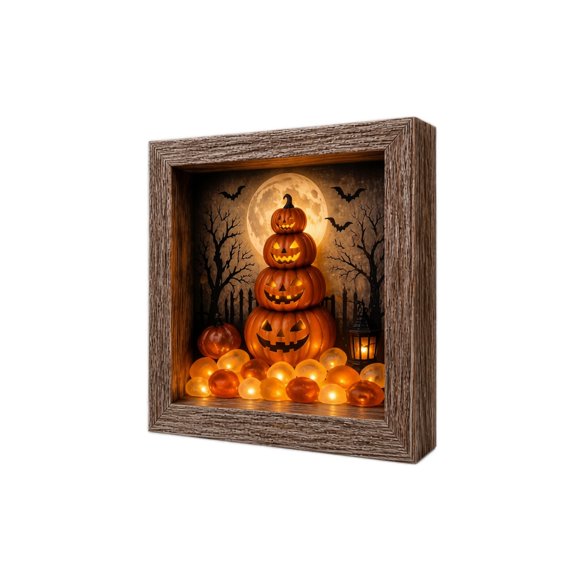 Halloween 3D Shadow Box with LED Lights DIY Wooden Frame for Home Decor, Spooky Glowing Craft Kit for Shelf Table Mantel - C
