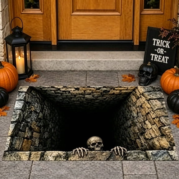 Halloween 3D Visual Skull Cave Doormat, Realistic Stone Tunnel Skeleton Rug, Water Absorbent Non Slip Flannel Floor Mat, Machine Washable Entrance Rug for Indoor Outdoor Halloween Decor