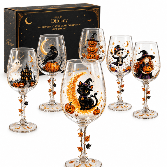 Halloween 3D Wine Glass Collection Gift Box Set, Pumpkin Witch Stemmed Wine Glass with Gothic Design, Halloween Party Drinkware & Spooky Holiday Gift,1PCS