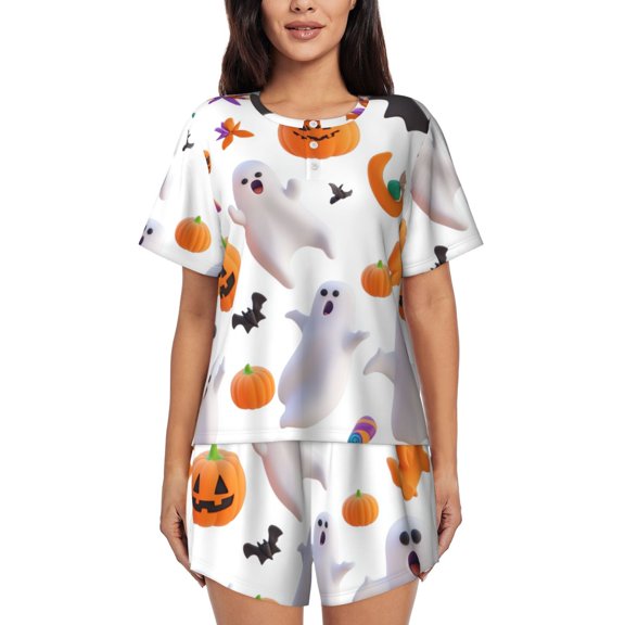 Halloween 3d Elements (2) Womens Pajamas Short Set Soft Short Sleeve Sleepwear Button Down Pjs Set with Pockets S XXL 4x Large