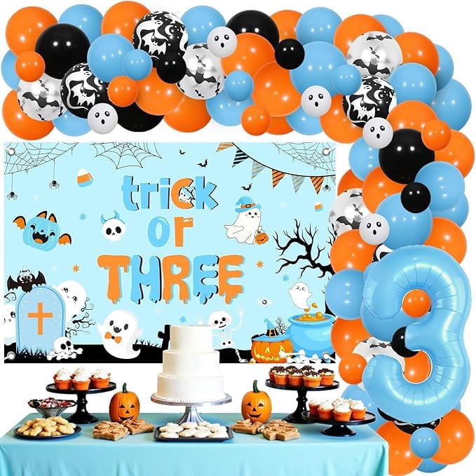 Halloween 3rd Birthday Decorations Boy - Orange Blue Halloween Balloons Garland Arch Kit with Trick or Three Backdrop, Number 5 Balloon