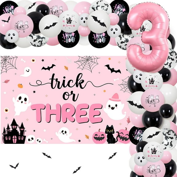 Halloween 3rd Birthday Decorations Trick Or Three Balloon Garland Arch Kit for Girls, Pink White Bat Wall Stickers Ghost Balloon Backdrop Halloween Third Birthday Party Decor Supplies
