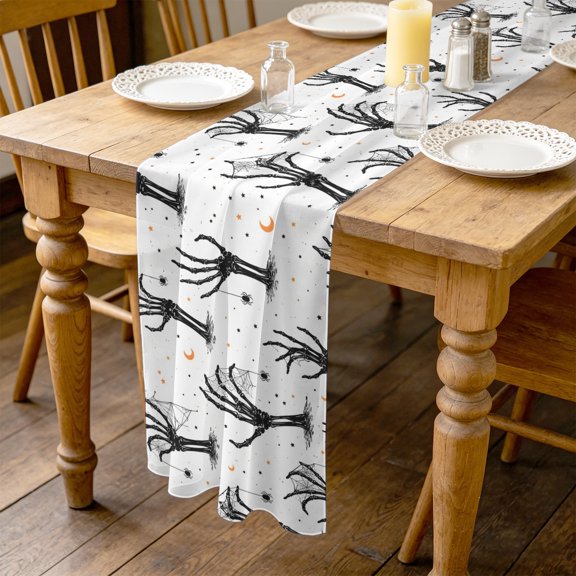 Halloween 4.5ft Cheesecloth Table Runner for Wedding 19"x55", Creepy Minimalist Skeletons Zombie Hands Cobweb Moon Kitchen Dinner Sheer Tulle Chiffon Dresser Scarf, Holiday Party Decorations