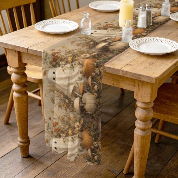 Halloween 4.5ft Cheesecloth Table Runner for Wedding 19"x55", Fall Sheet Ghost Mystical Pumpkin Wildflowers Dried Grass Kitchen Dinner Sheer Tulle Chiffon Dresser Scarf, Holiday Party Decorations