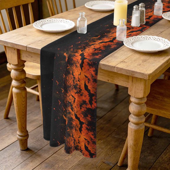 Halloween 4.5ft Cheesecloth Table Runner for Wedding 19"x55", Spooky Red Night Fire Clouds Darkness Black Bats Kitchen Dinner Sheer Tulle Chiffon Dresser Scarf, Holiday Party Decorations