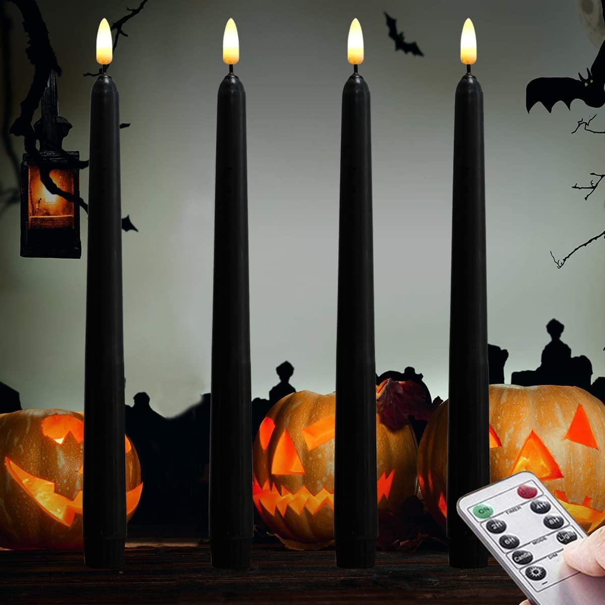 Halloween 4 Pack Black 11'' LED Wax Covered Taper Candles, Flameless