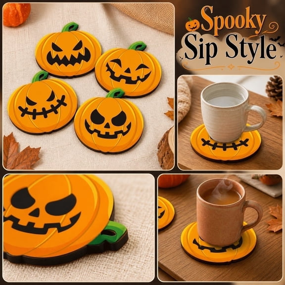 Halloween 4 Pack Pumpkin Face Coffee Coasters, 12cm Jack O Lantern Heat Resistant Drink Cup Mats , Fall Holiday Table Decor for Bar Kitchen Dining Table Party Tabletop Ornament