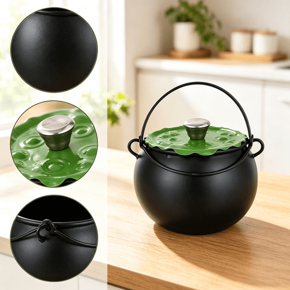 Halloween 4 Quart Cast Iron Cauldron Storage Jar, New Spooky Black Pot with Green Bubbling Lid Novelty Candy Container for Adults & Youth